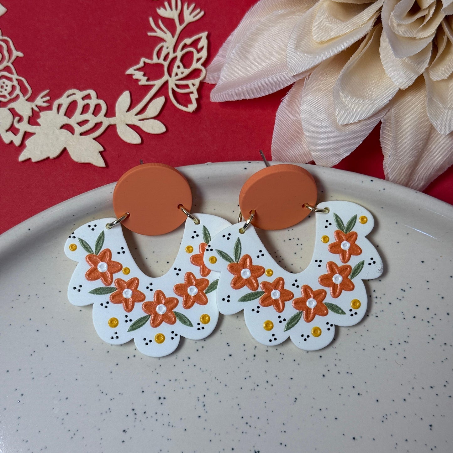 Scalloped Floral Drop Earrings - Terracotta & White