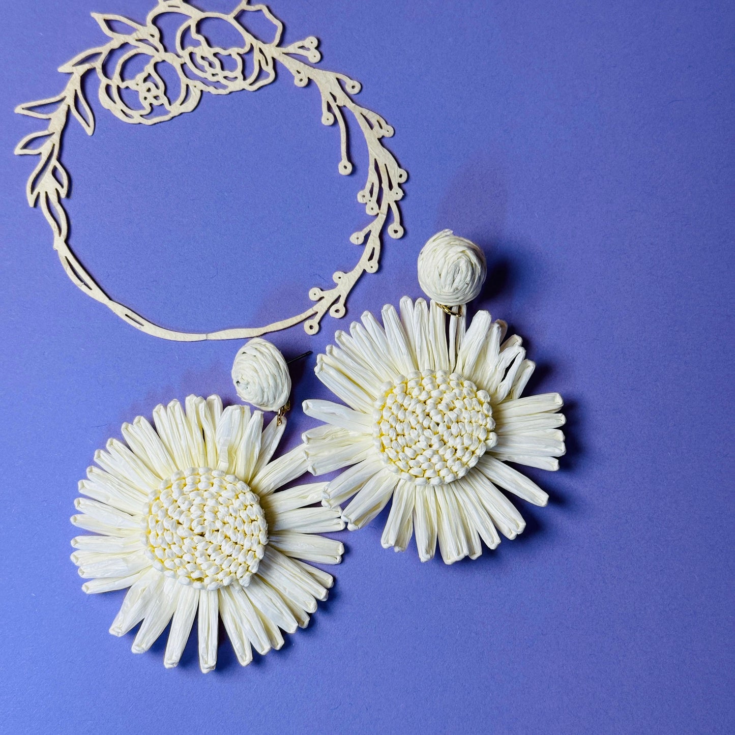Oversized Daisy Statement Earrings - Cream Raffia