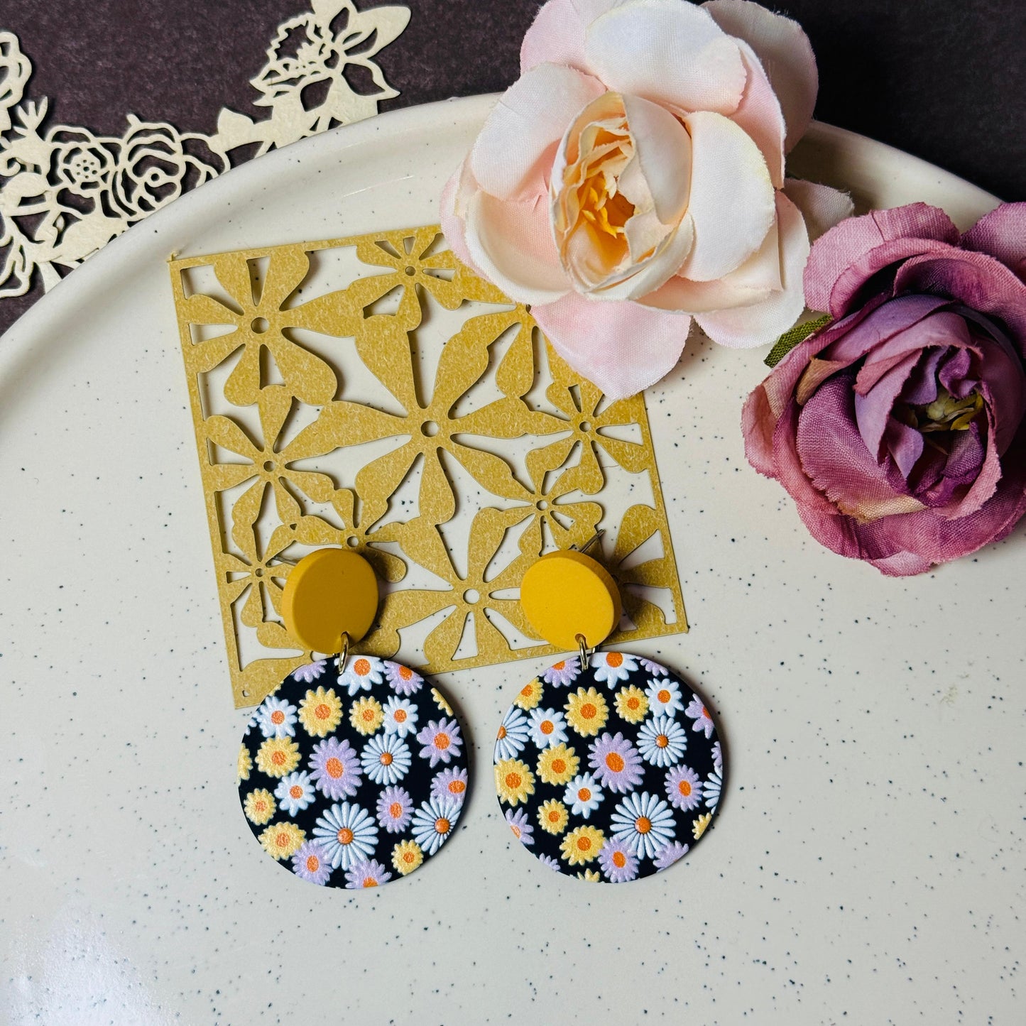 Daisy Garden Drop Earrings - Yellow & Black Acrylic