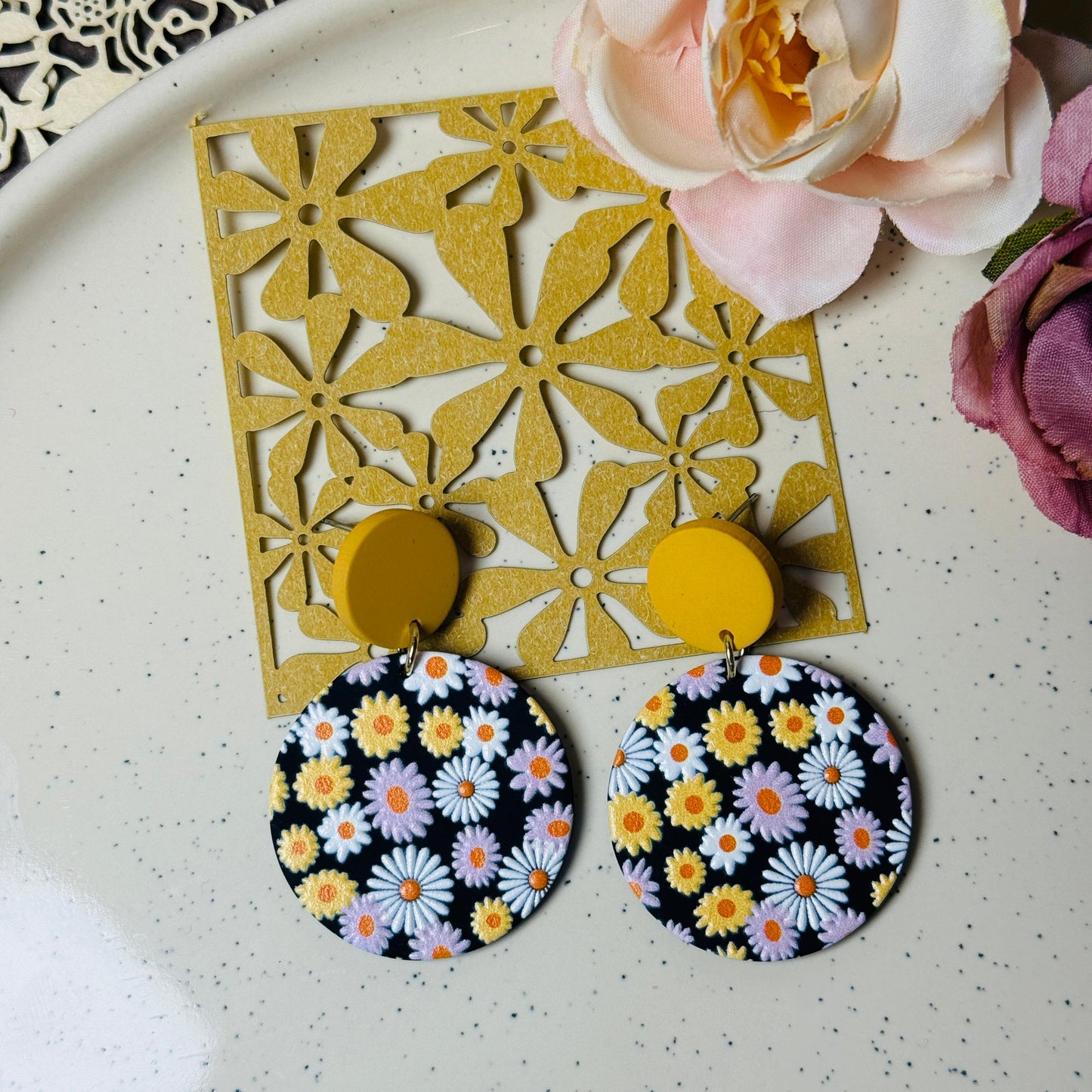 Daisy Garden Drop Earrings - Yellow & Black Acrylic