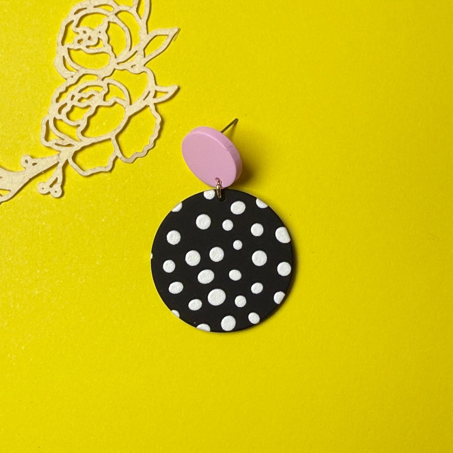 Polka Dot Drop Earrings - Pink & Black Acrylic