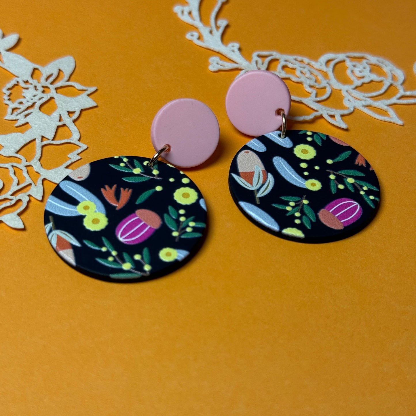 Botanical Garden Acrylic Drop Earrings - Pink & Black