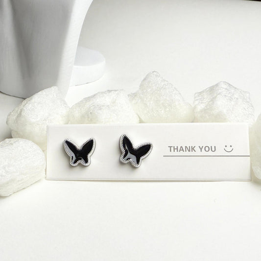Black and silver butterfly shape enamel stud earrings G3