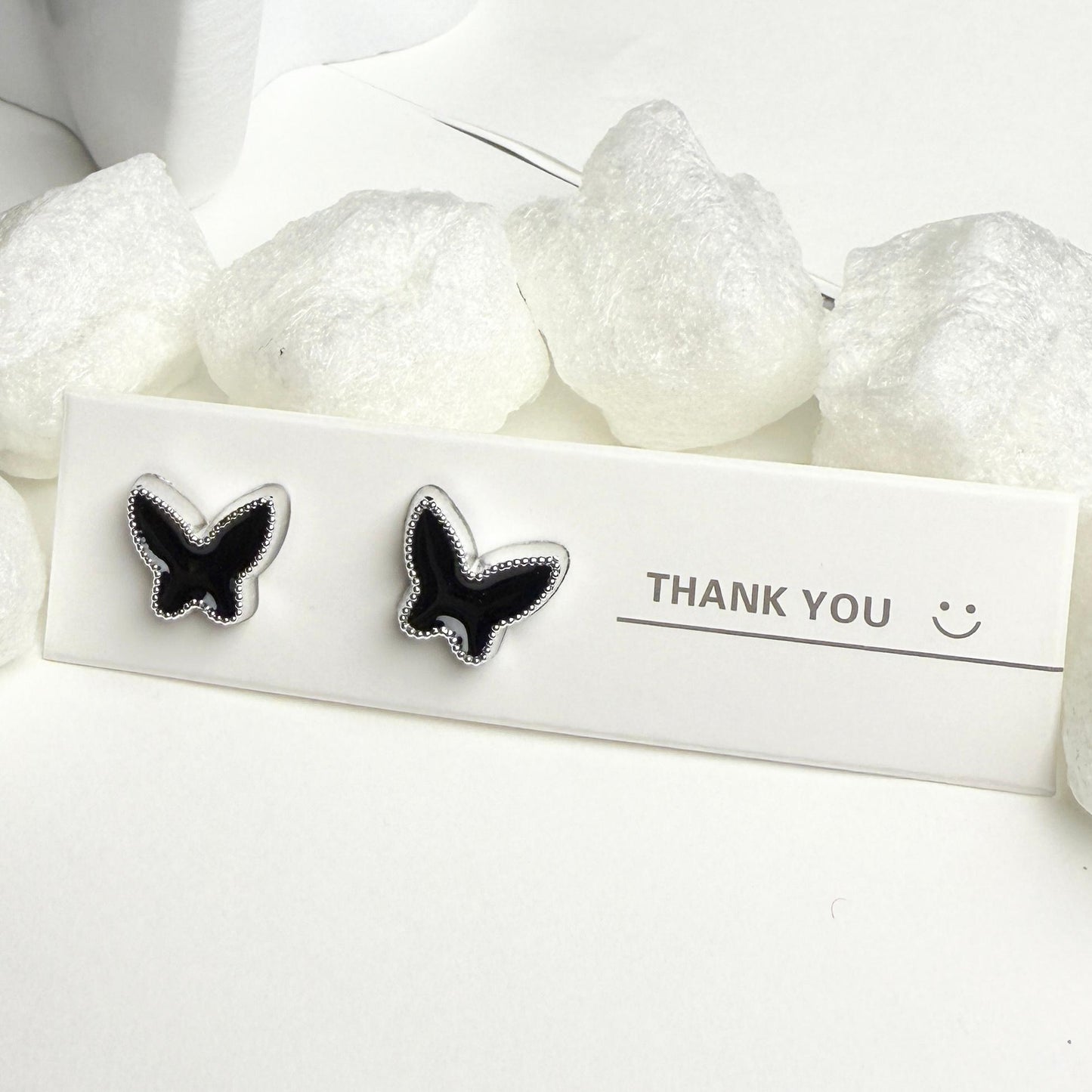 Black and silver butterfly shape enamel stud earrings G3