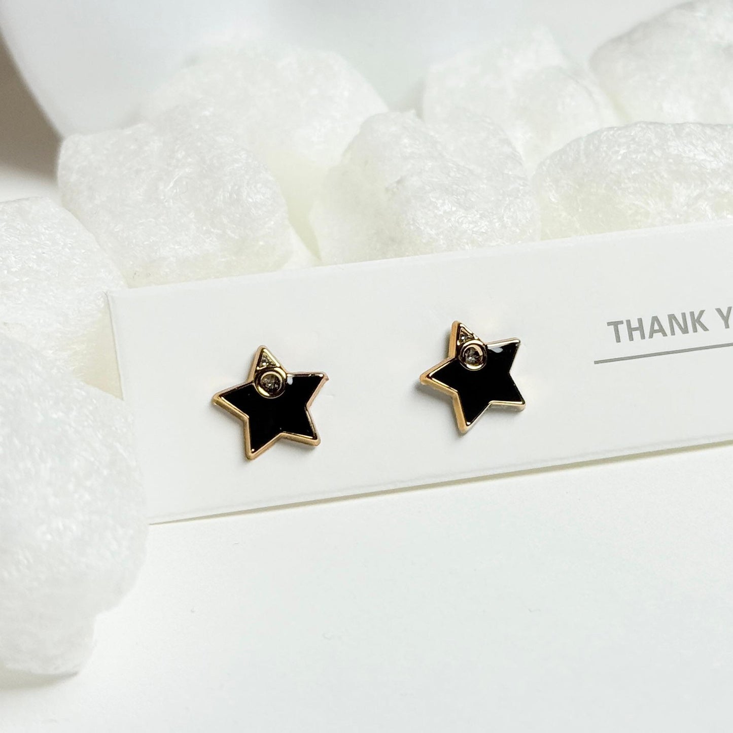 Black Star Stud Earrings with Gold Trim and Crystal Accent G