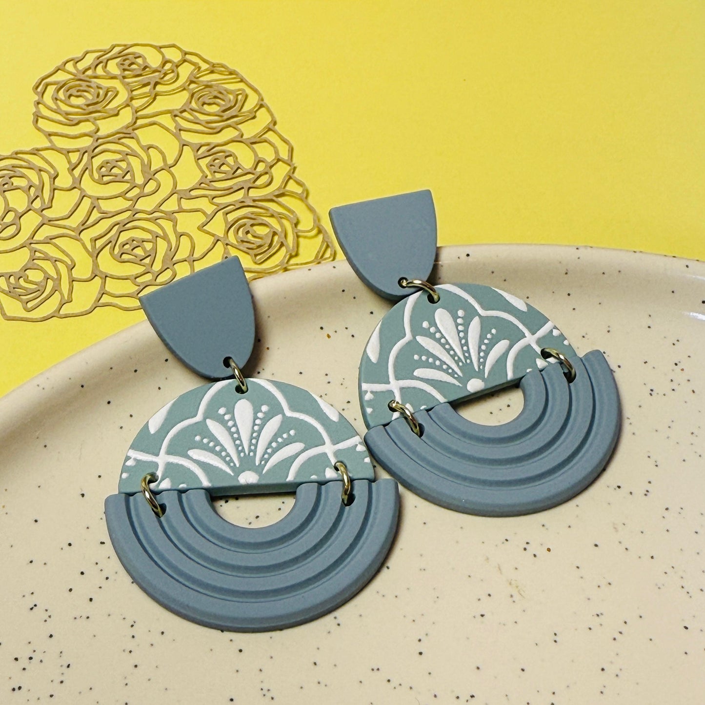 Art Deco Fan Drop Earrings - Sage Green bluish Acrylic