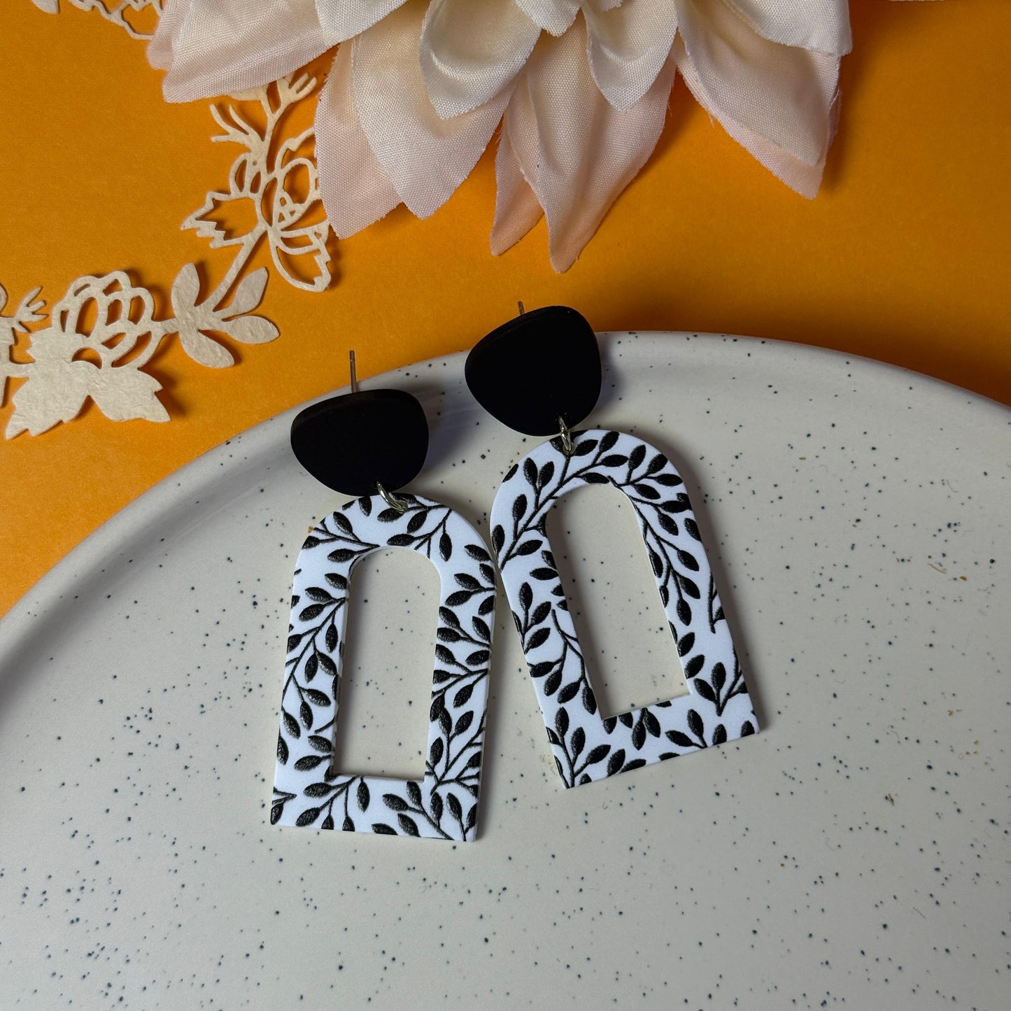 Botanical Arch Drop Earrings - Black & White Acrylic