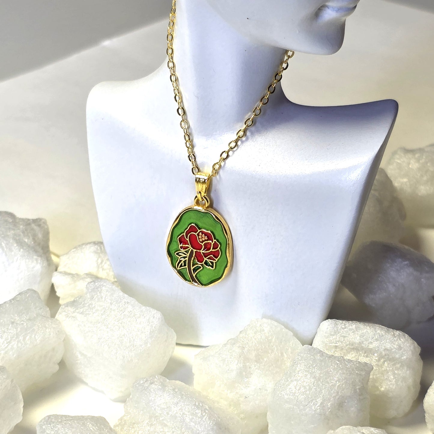 Green Enamel Rose Medallion Golden Chain Necklace
