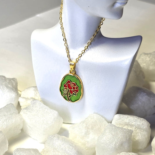 Green Enamel Rose Medallion Golden Chain Necklace