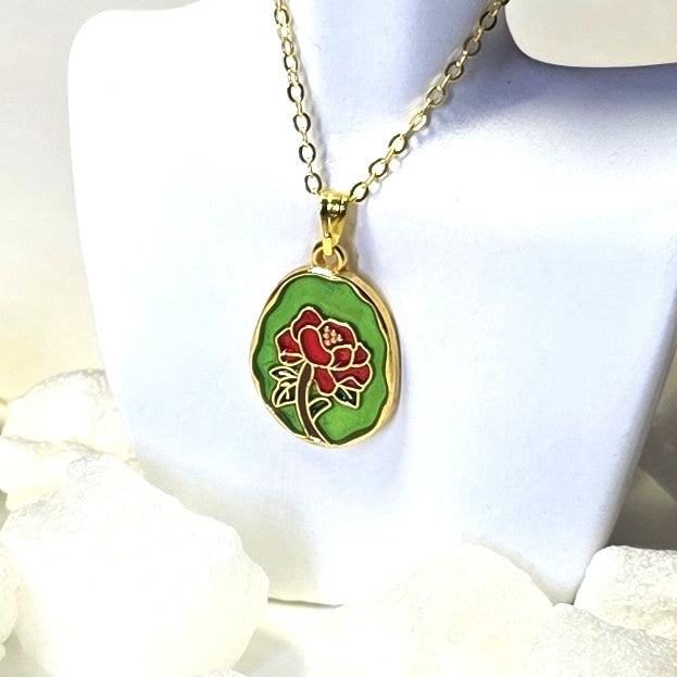 Green Enamel Rose Medallion Golden Chain Necklace