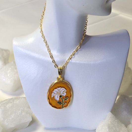 Amber Enamel White Lily Medallion Golden Chain Necklace