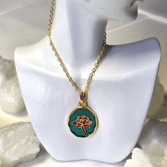 Green Enamel White Flower Medallion Golden Chain Necklace
