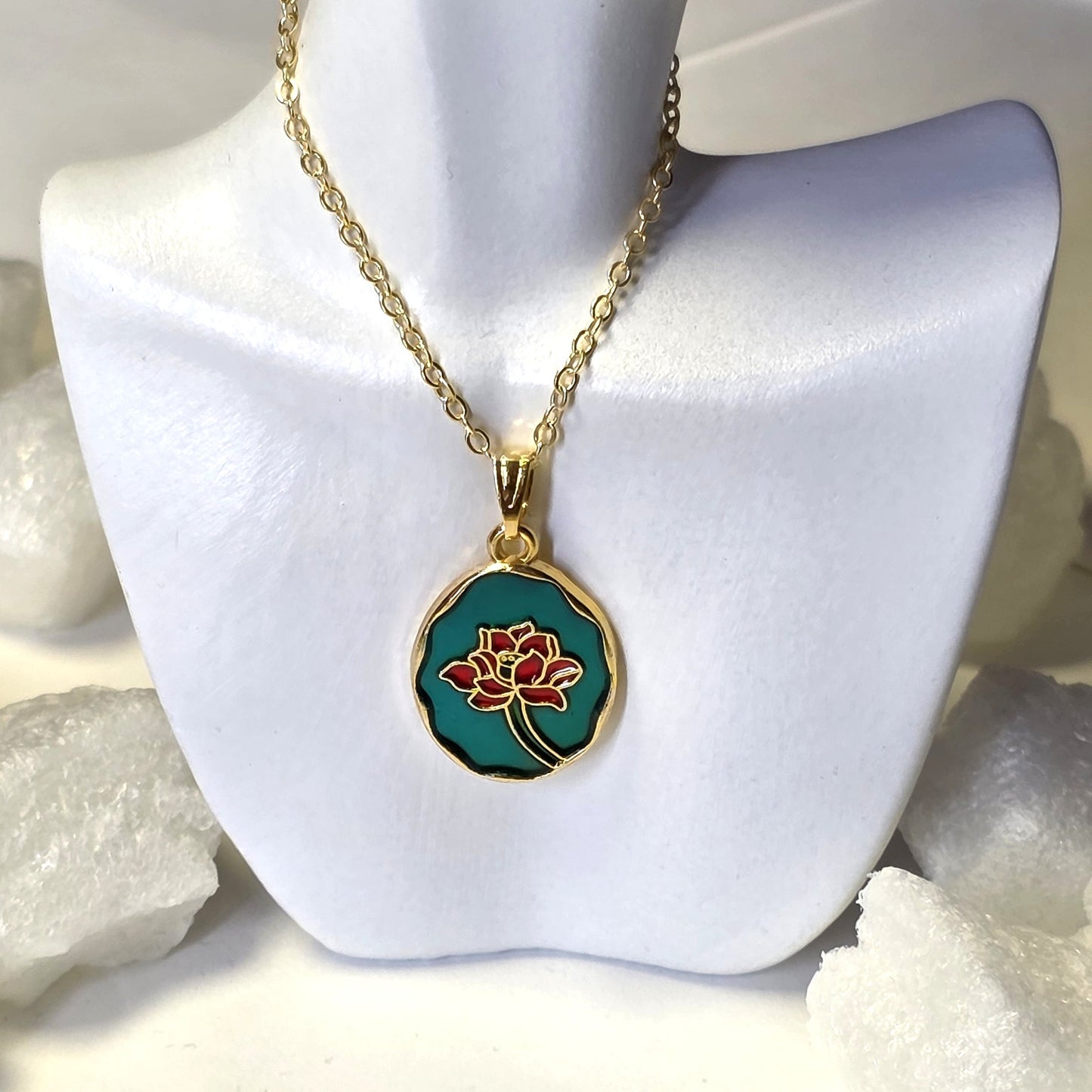 Green Enamel White Flower Medallion Golden Chain Necklace