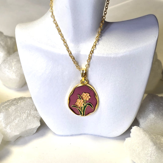 Purple Enamel Golden Daffodil Medallion Chain Necklace