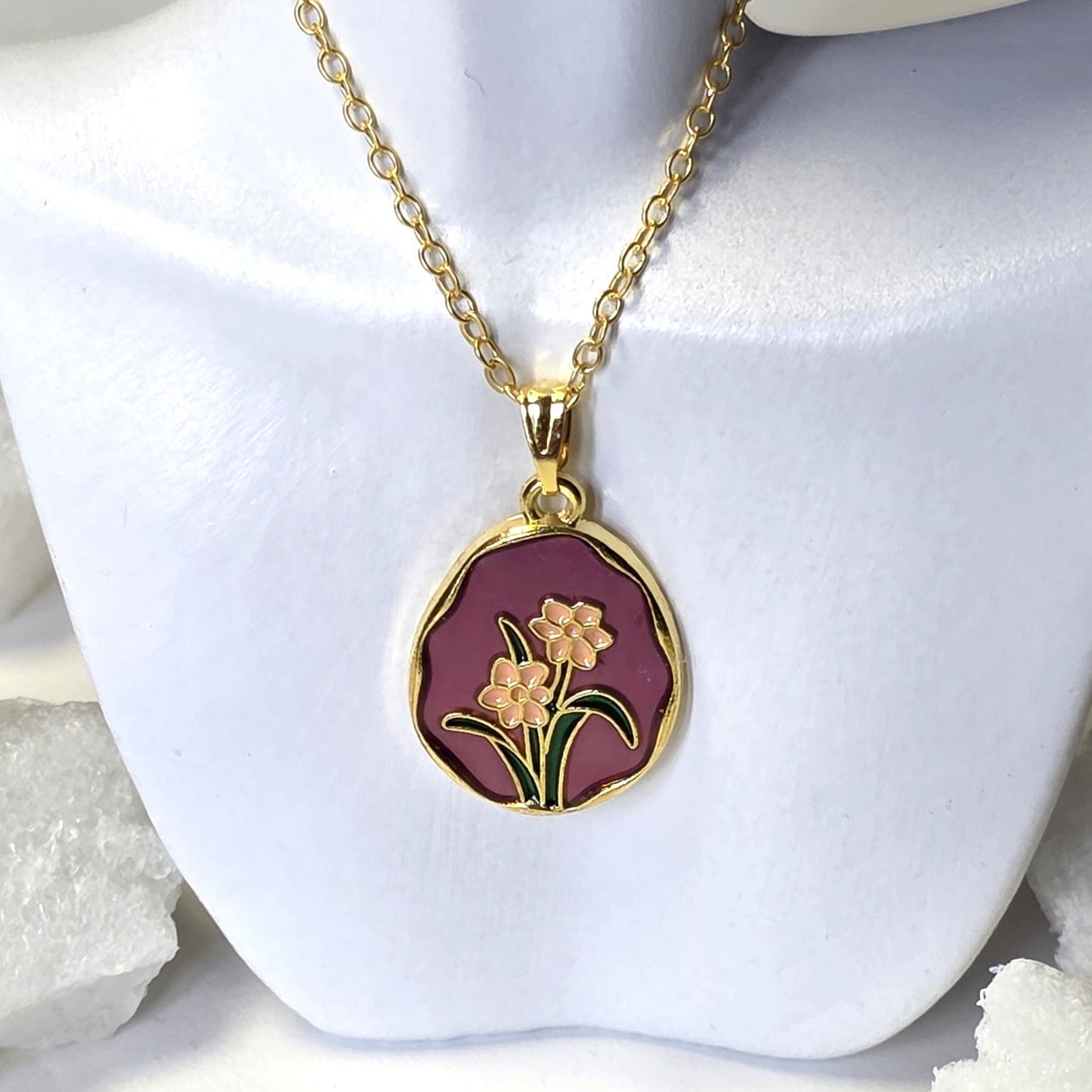 Purple Enamel Golden Daffodil Medallion Chain Necklace