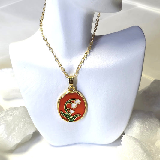 Red Enamel White Iris Medallion Golden Chain Necklace