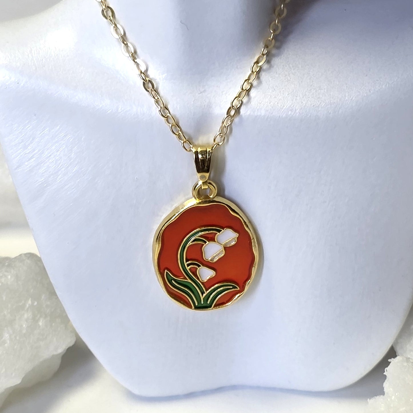Red Enamel White Iris Medallion Golden Chain Necklace