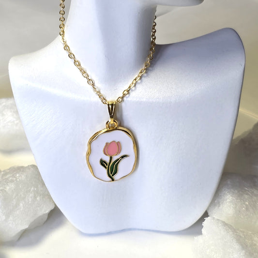 White Enamel Pink Tulip Medallion Golden Chain Necklace