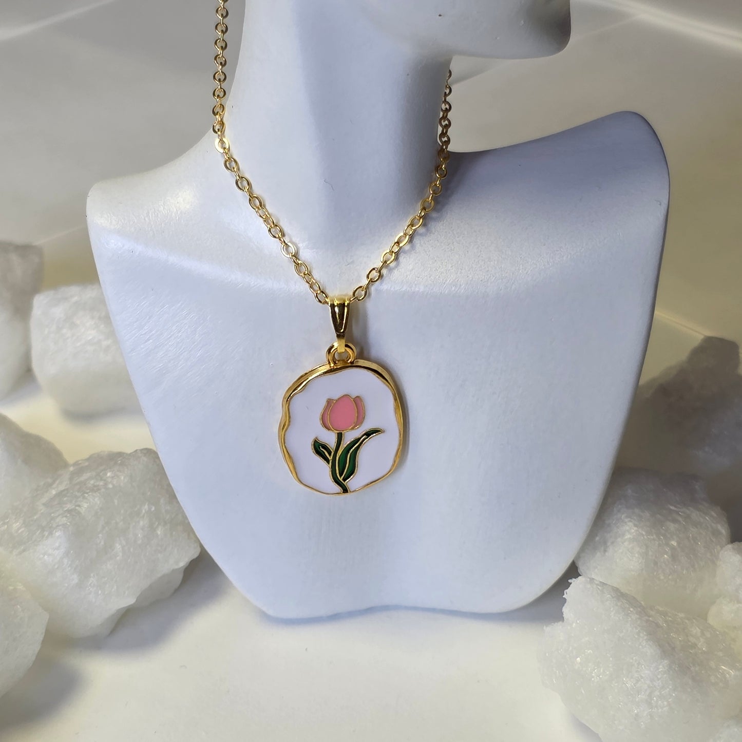 White Enamel Pink Tulip Medallion Golden Chain Necklace