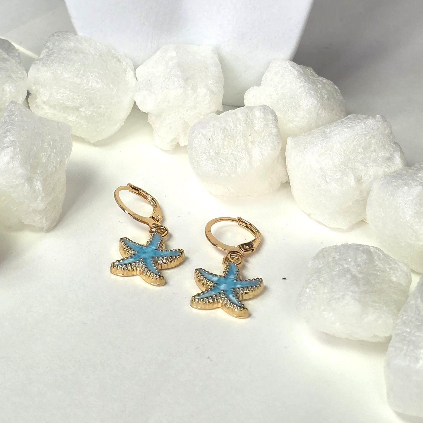 Gold Starfish Earrings with Turquoise Enamel - Ocean Inspired Lever Back Earrings