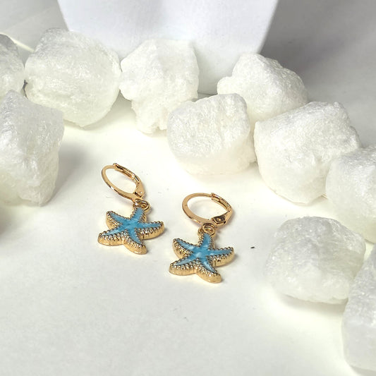 Gold Starfish Earrings with Turquoise Enamel - Ocean Inspired Lever Back Earrings