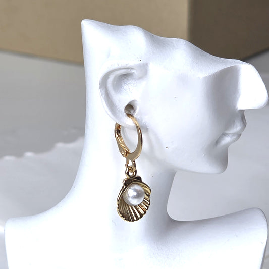 Gold Shell Earrings with Pearl - Elegant Seashell Drop Earrings with Lever Back