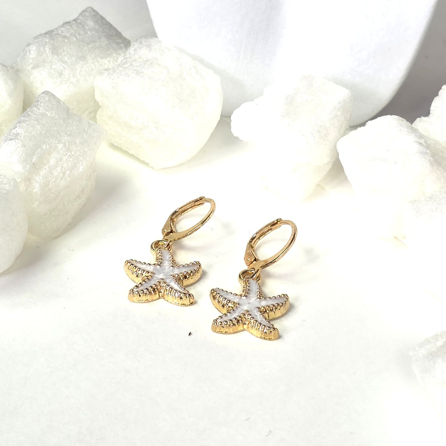 Gold Starfish Earrings with White Enamel - Elegant Sea Star Drop Earrings with Lever Back