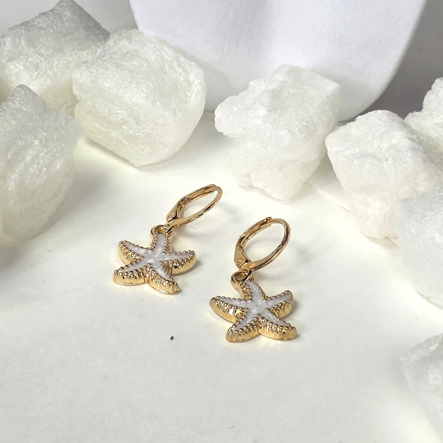 Gold Starfish Earrings with White Enamel - Elegant Sea Star Drop Earrings with Lever Back