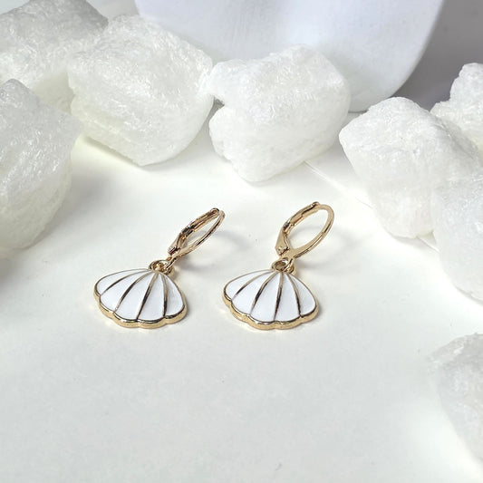 Gold Seashell Earrings with White Enamel - Classic Scallop Shell Drop Earrings with Lever Back