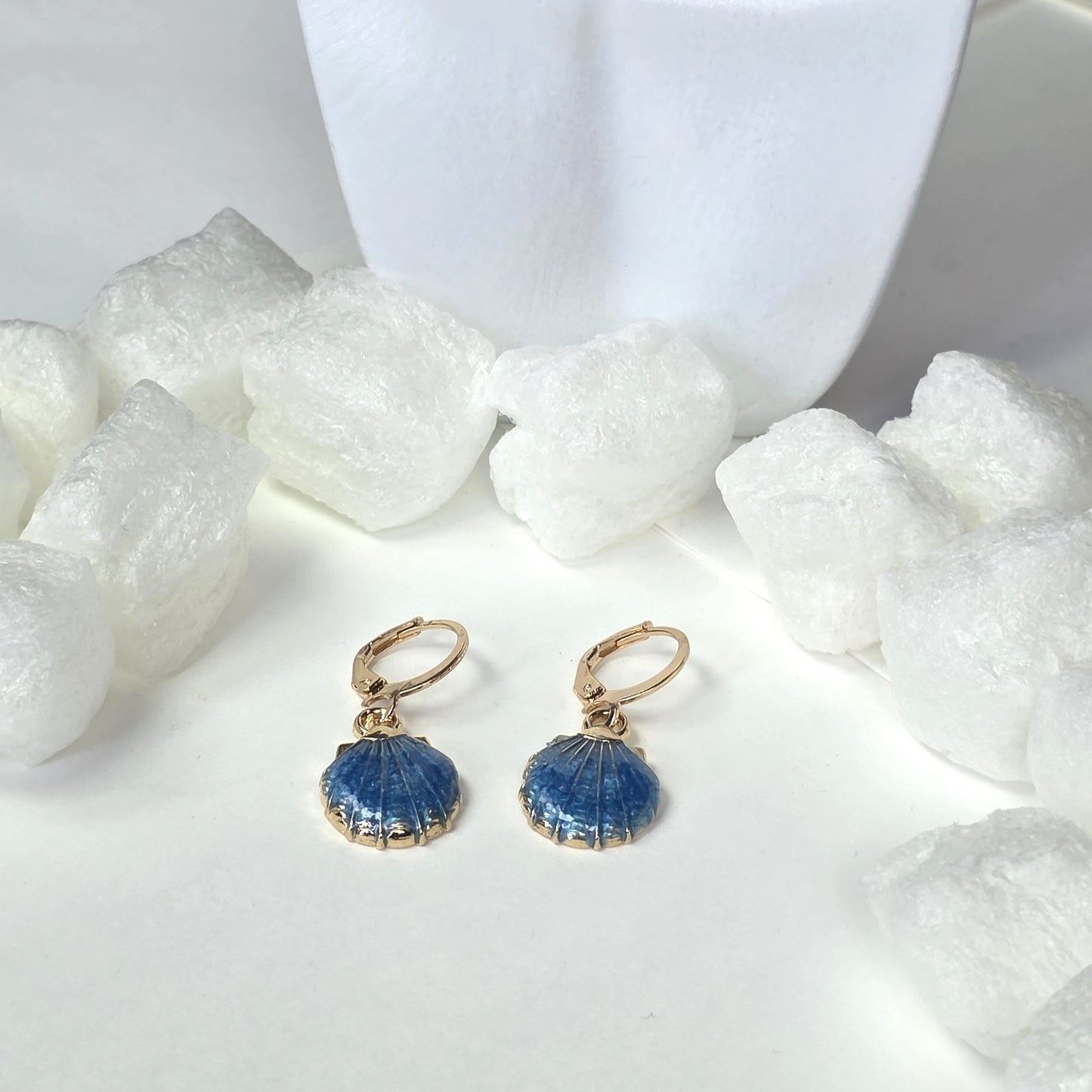 Gold Seashell Earrings with Blue Enamel - Ocean Blue Scallop Shell Drop Earrings with Lever Back
