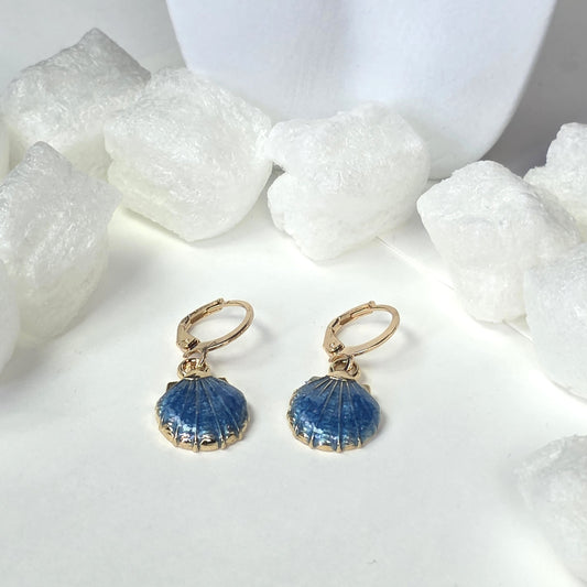 Gold Seashell Earrings with Blue Enamel - Ocean Blue Scallop Shell Drop Earrings with Lever Back