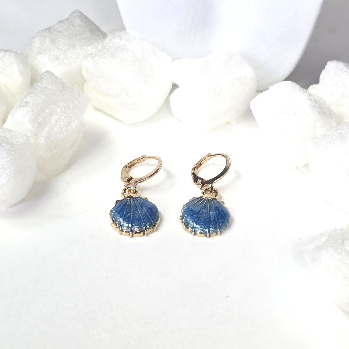 Gold Seashell Earrings with Blue Enamel - Ocean Blue Scallop Shell Drop Earrings with Lever Back