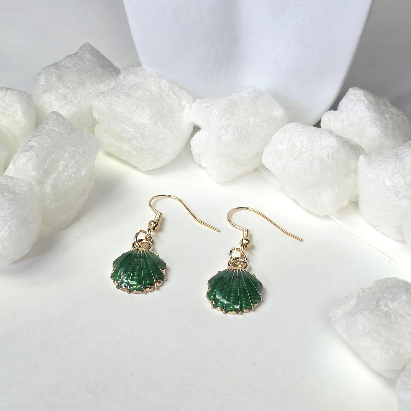 Gold Seashell Earrings with Green Enamel - Emerald Green Scallop Shell Drop Earrings with Fish Hook