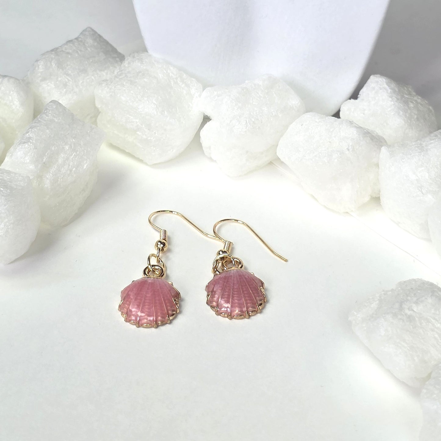 Pink Shell Drop Earrings - Gold Plated Seashell Dangle Earrings