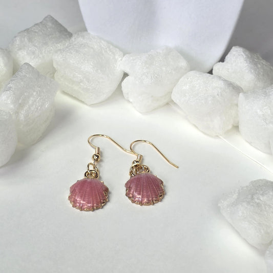 Pink Shell Drop Earrings - Gold Plated Seashell Dangle Earrings