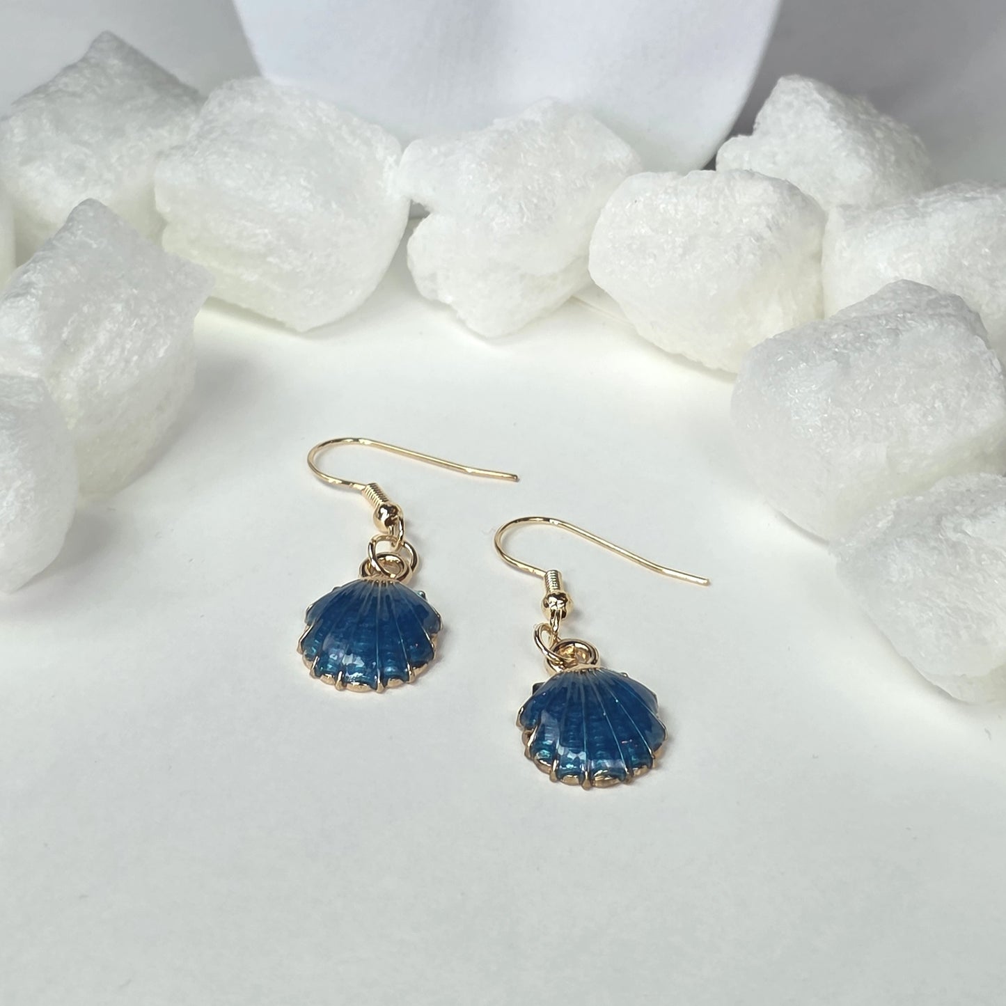 Blue Shell Drop Earrings - Gold Plated Ocean Seashell Dangle Earrings