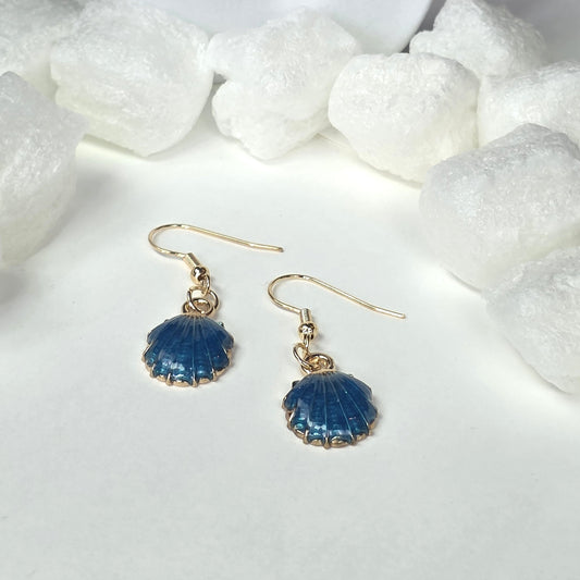 Blue Shell Drop Earrings - Gold Plated Ocean Seashell Dangle Earrings