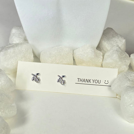 Cherry Stud Earrings - Silver Crystal