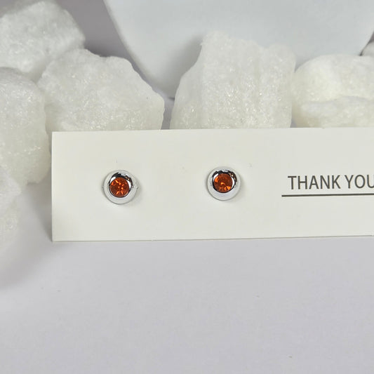 Orange Crystal Silver Frame Round Stud Earrings