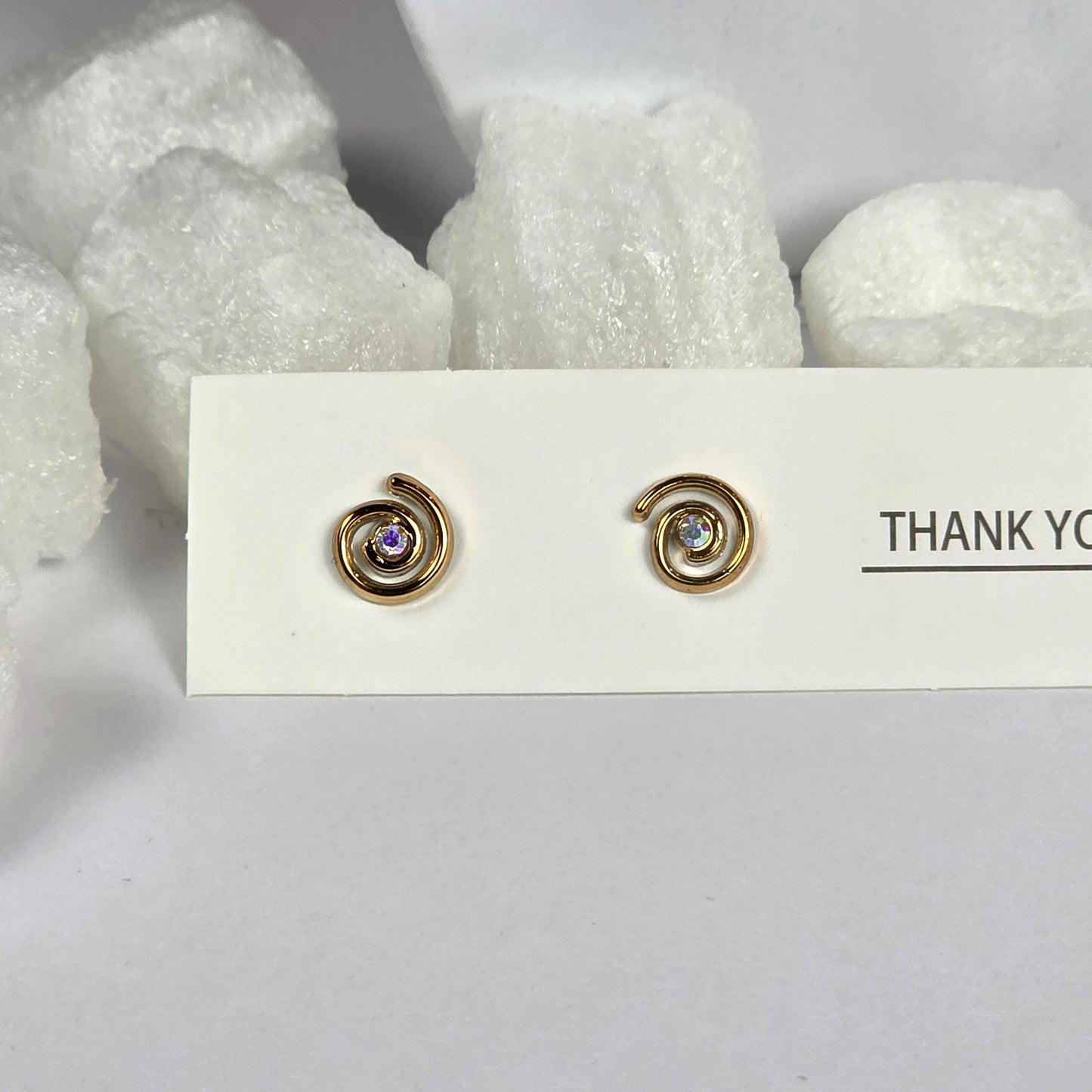 Gold Spiral Crystal Center Stud Earrings