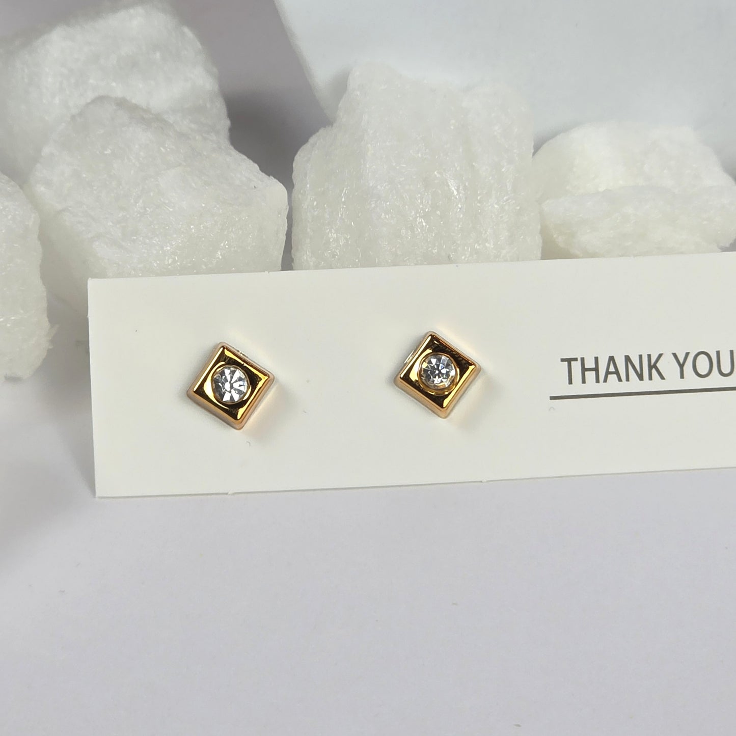 Gold Square Crystal Center Stud Earrings