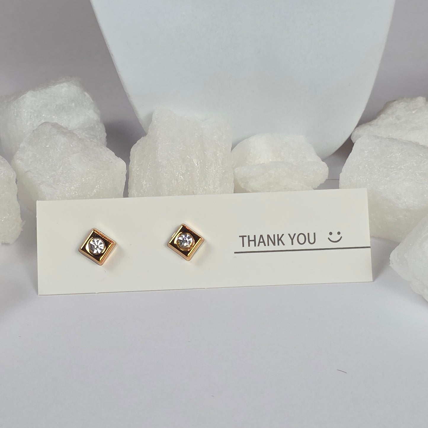 Gold Square Crystal Center Stud Earrings
