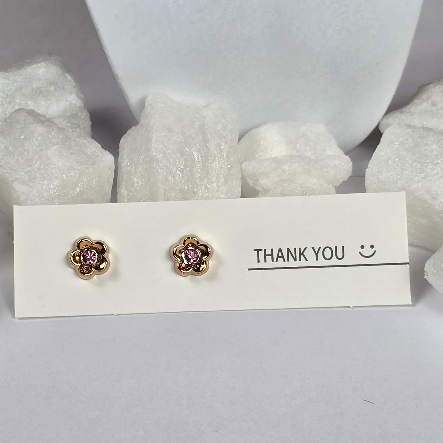 Gold Flower Pink Crystal Center Stud Earrings