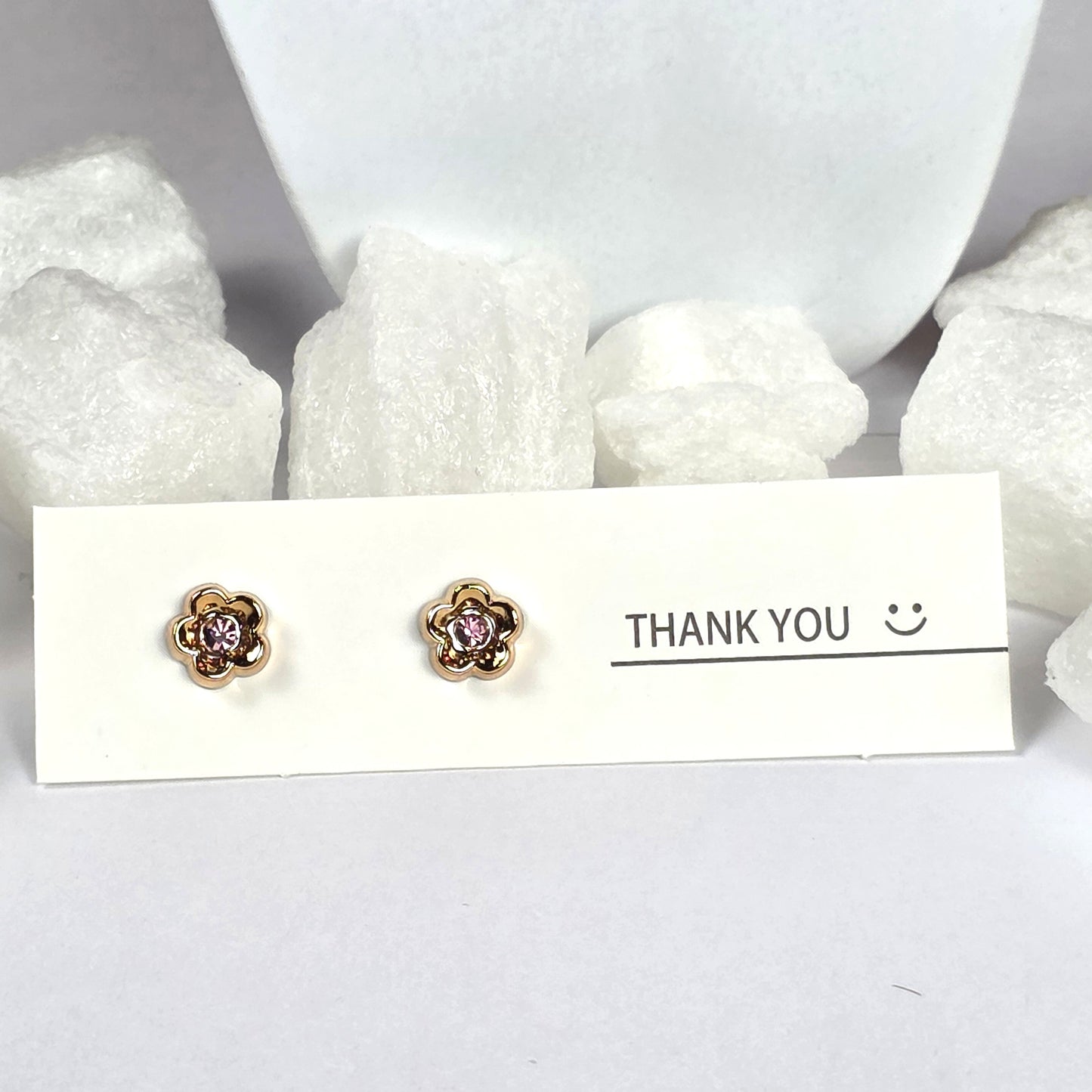 Gold Flower Pink Crystal Center Stud Earrings