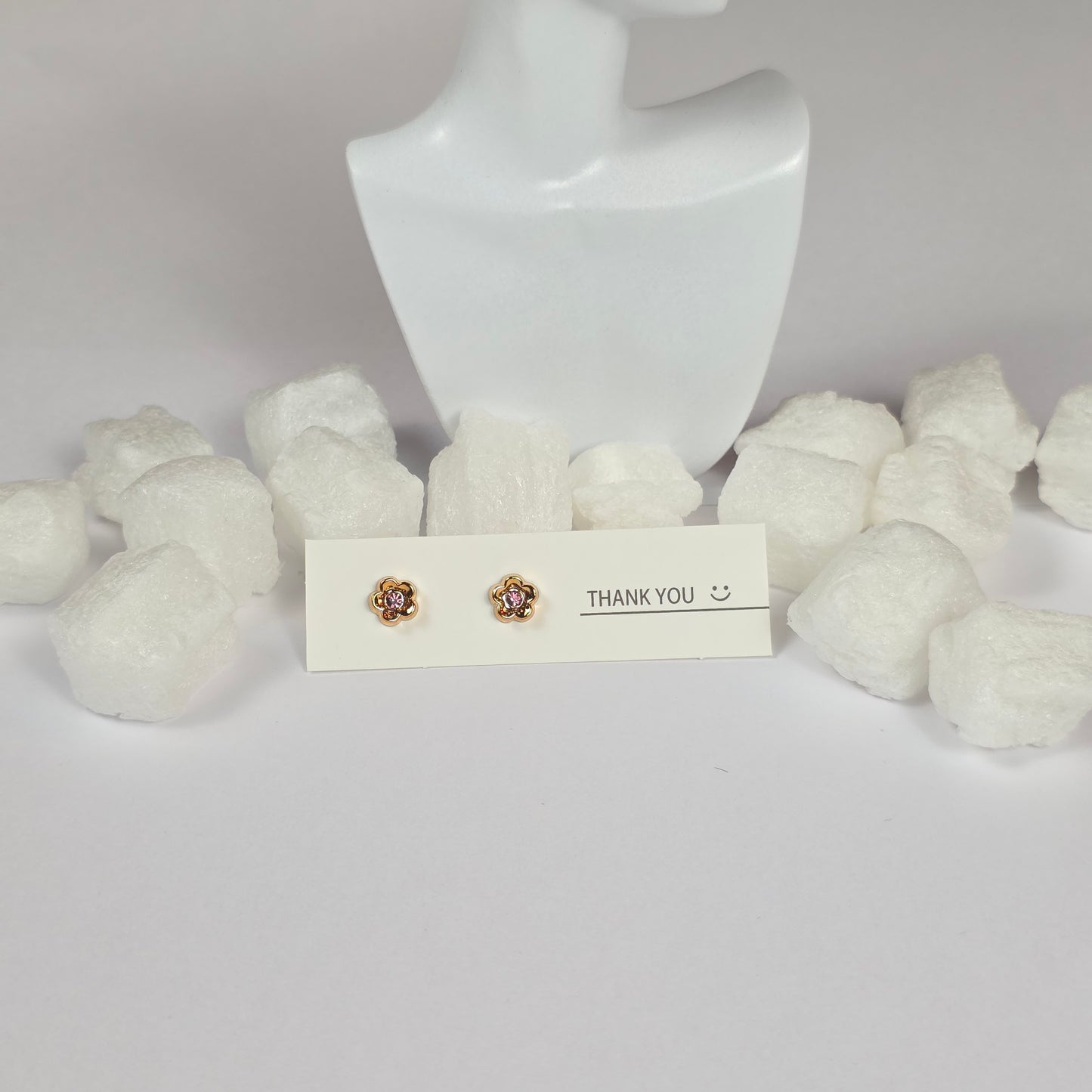 Gold Flower Pink Crystal Center Stud Earrings
