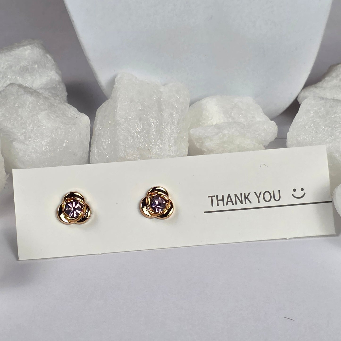 Gold Rose Purple Crystal Center Stud Earrings