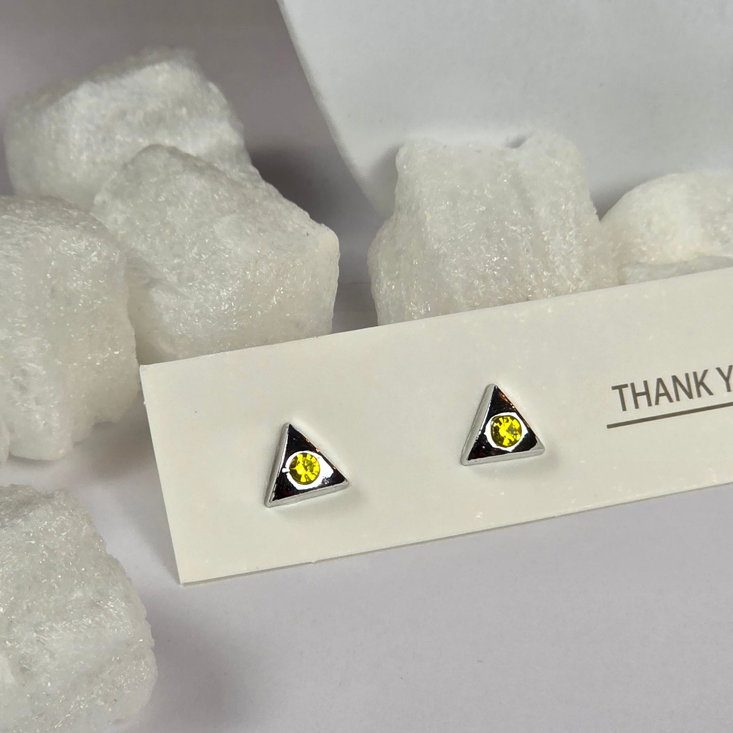 Silver Triangle Black Enamel Yellow Crystal Stud Earrings
