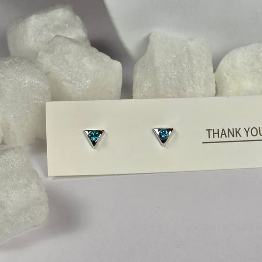 Silver Triangle Blue Crystal Stud Earrings