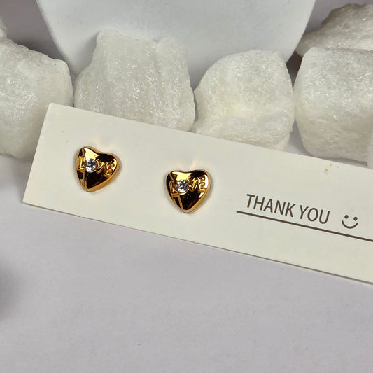 Gold Heart "LOVE" Engraved Crystal Accent Stud Earrings A46