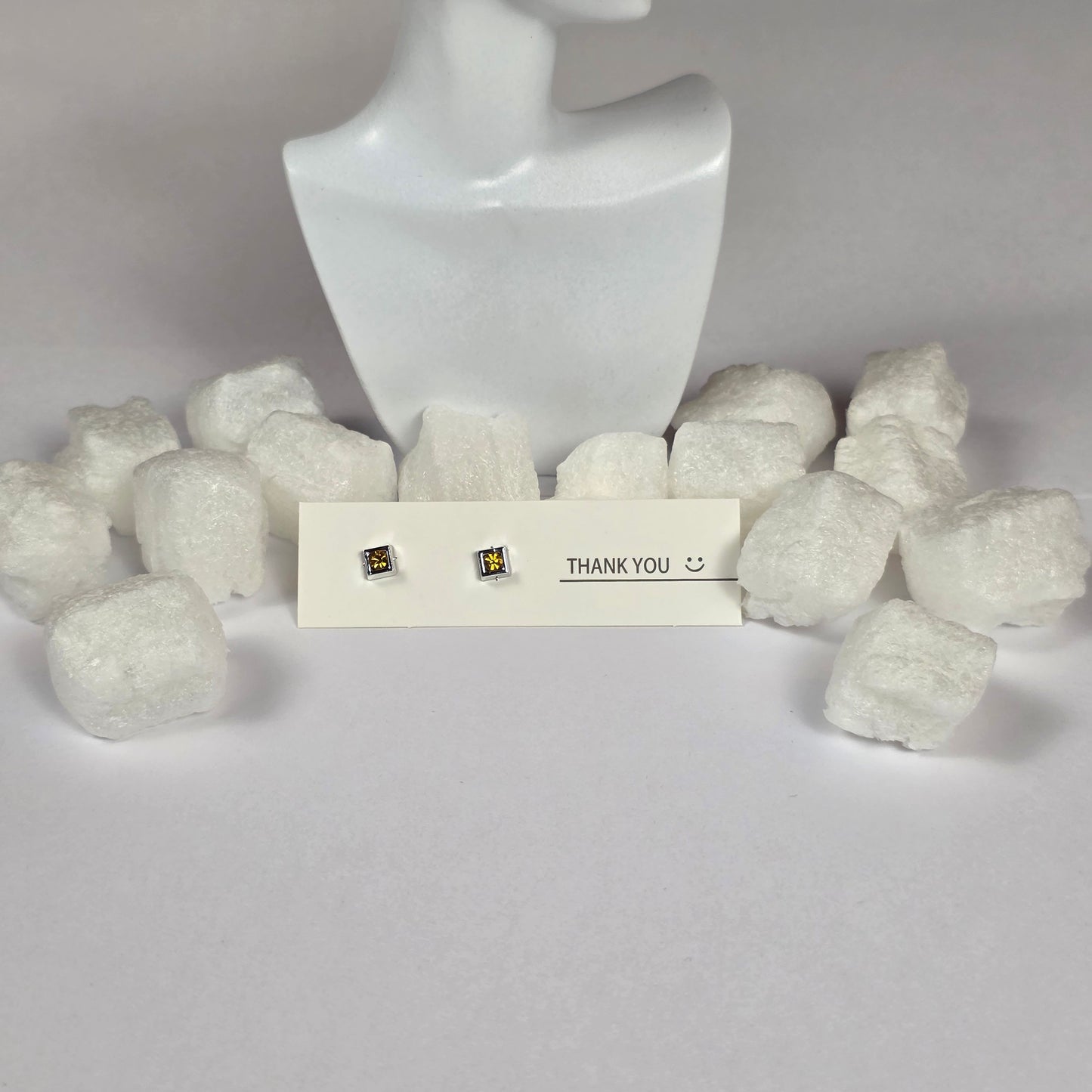 Silver Square Yellow Crystal Center Stud Earrings A45